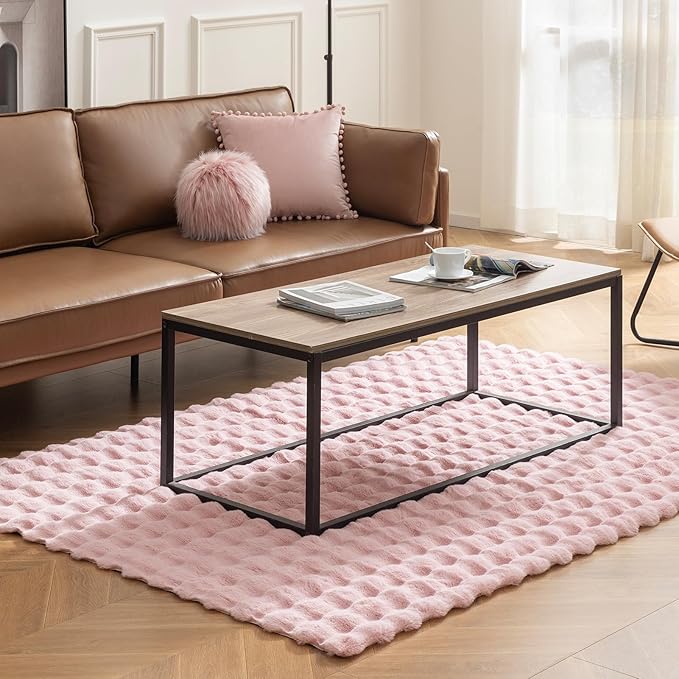 Ashler Faux Rabbit Fur Rug, Pink 4x6 FT Fluffy Soft Area Rug, Rectangle Fuzzy Carpet for Living Room, Bedroom, Machine Washable Shaggy Nursery Rug - 3D Bubble Rug