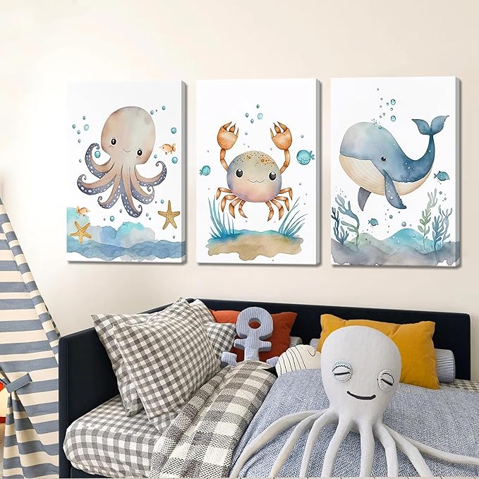 Ocean Nursery Wall Art Set of 3, Sea Animal Baby Boys Room Canvas Wall Decor Paintings, Watercolor Ocean Kids Nursery Posters Prints Pictures for Boys and Girls Room, Bedroom 16x24 Inch Framed