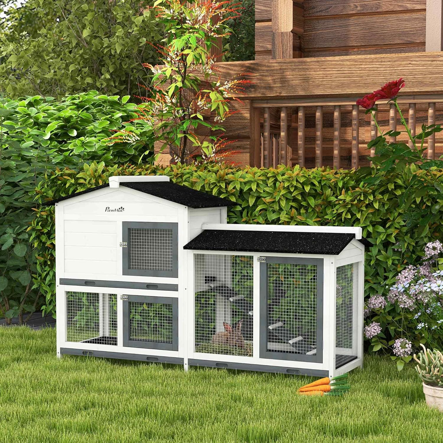 PawHut 62" Rabbit Hutch, Wooden Bunny Hutch, Guinea Pig Cage, Small Animal Enclosure with Run Area, Removable Tray, Asphalt Roof, Lockable Doors and Ramp, for Rabbits, Chickens, Ducks, White