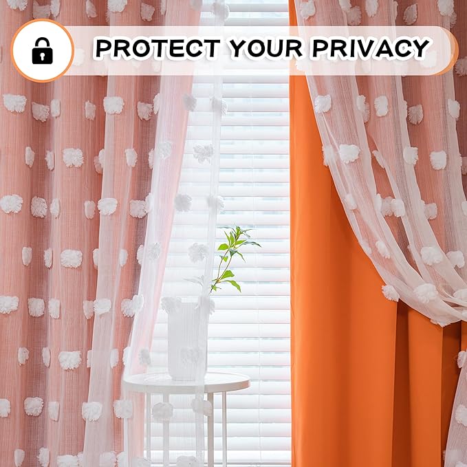 MYSKY HOME Nursery Curtains for Girl Bedroom Orange Curtains 72 Inches Long Pom Pom White Sheer Curtains for Kids Room Double Layer Toddler Bedroom Grommet Room Darkening Window Panels 52 x 72 in