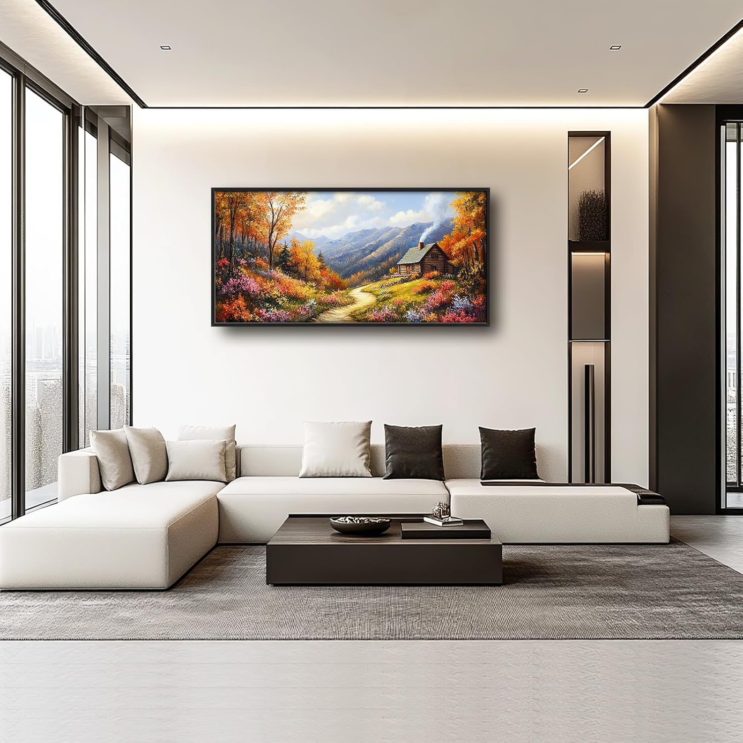 Framed Large Autumn Mountain Wall Art for Living Room, Oversized Wildflower Tree Wall Decor Nature Landscape Canvas Painting Modern Artwork Home Decoration for Living Room Bedroom 60"x30"