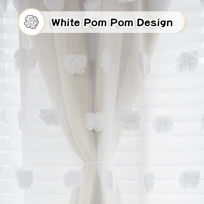 MYSKY HOME Beige Curtains for Bedroom 63 Inch Long Double Layer Curtains for Kids Room Kithen Beige Pom Pom Sheer Nursery Curtains Grommet Room Darkening Window Curtains 2 Panels Set, 52 x 63 Inch
