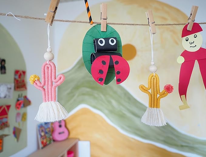 Mila Millie 2 Pack Cactus Macrame Wall Hanging | Handmade Woven Tassel Ornament for Home or Nursery Baby Kids Room Decor | Boho Nordic Scandinavian Style (Mustard Yellow Pink)