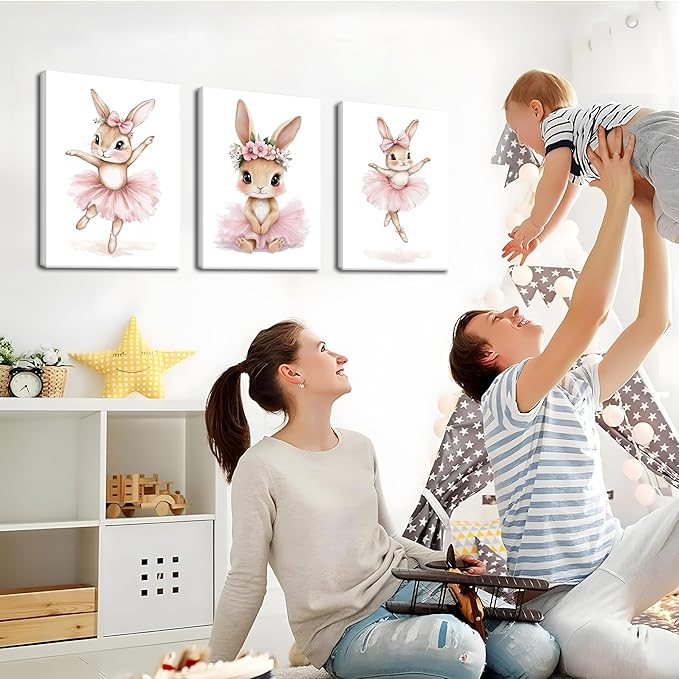 Baby Girl Nursery Wall Decor, Easter Nursery Canvas Wall Art Paintings Set of 3, Cute Animal Pink Bunny Posters Prints Pictures for Boys and Girls Room, Bedroom, Home Decor 12x16 In Framed