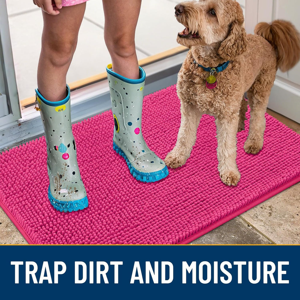 Smiry Dog Door Mat for Muddy Paws 48x30, Absorbs Moisture and Dirt Doormat, Non-Slip Washable Quick Dry Chenille Front Door Mat Indoor Entrance, Entryway Carpet for Inside Floor, Hot Pink