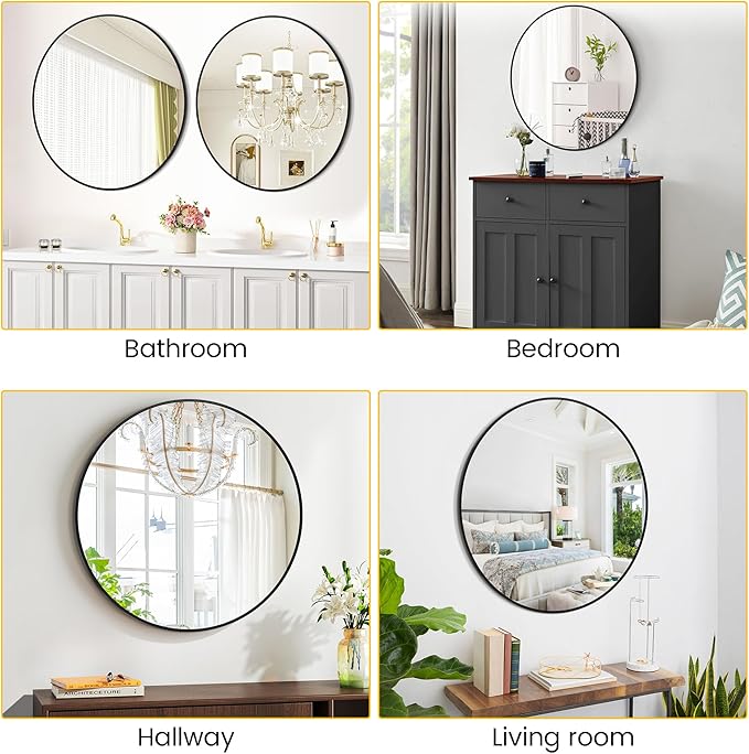 IDEALHOUSE 36 Inch Black Round Wall Mirror, Circle Mirror Metal Frame for Bathroom, Vanity, Entryway, Bedroom, Living Room, Wall Mounted Modern Rustic Decor