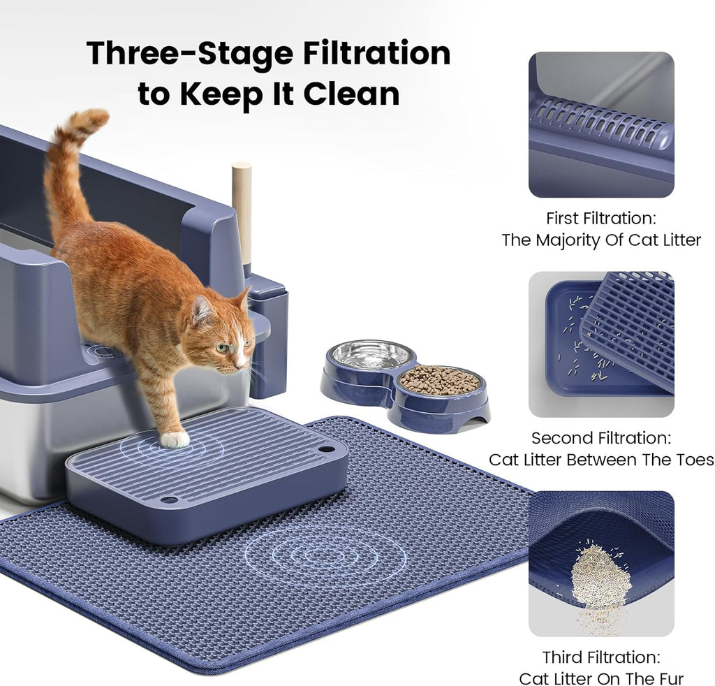 Stainless Steel Cat Litter Box - Enclosed XL Metal Kitty Litter Box with Lid for Big Cats, High Sided, Anti-Leakage, Easy Cleaning, Non-Sticky, Included Litter Mat, Cat Bowl & Spoon