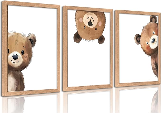 Framed Baby Bear Nursery Wall Art Peeking Bear Pictures Wall Decor Peekaboo Kids Room Decor Woodland Animal Posters Neutral Nursery Painting Canvas Print Artwork for Children's Baby Room Bedroom