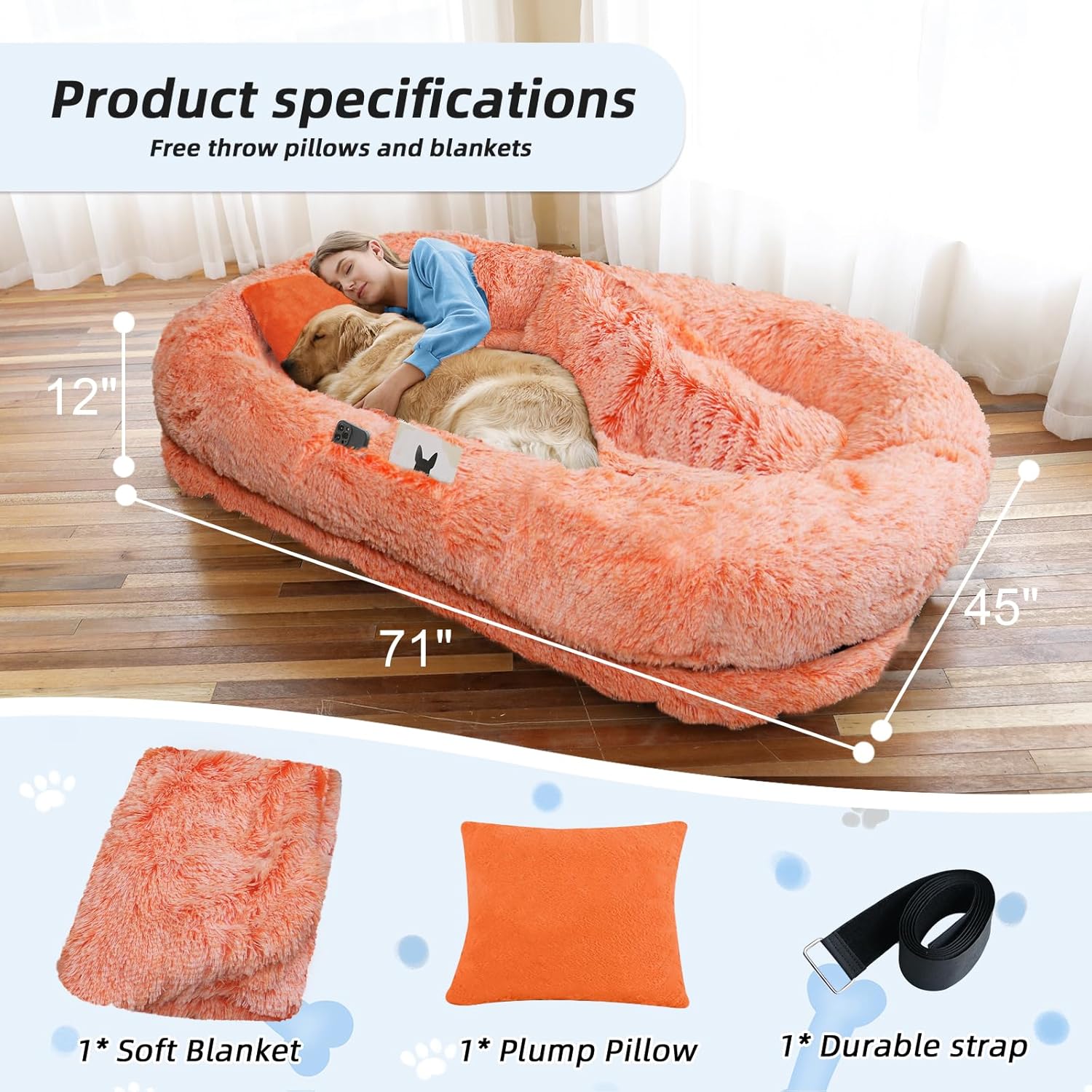 Human Dog Bed, 71''x45''x12'' Size Fits You and Pets, Washable Faux Fur Pet Bed for People Doze Off, Napping Orthopedic Dog Bed, Present Plump Pillow, Blanket, Strap - OrangeWhite