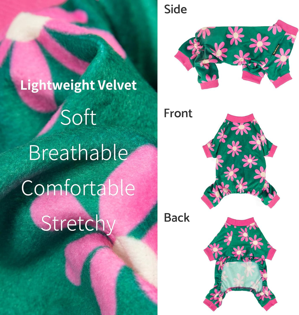 Fitwarm Flower Fleece Dog Pajamas, Warm Winter Dog Clothes for Small Dogs Girl, Cozy Pet Onesie with Feet, Dark Green, Large