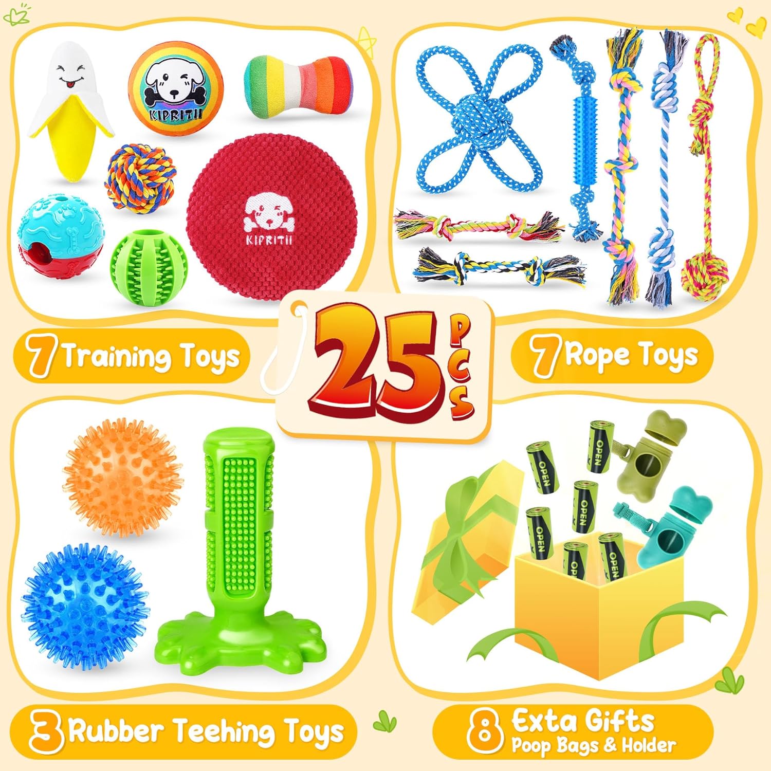 KIPRITII 25 Pack Various Puppy Dog Toys for Teething, Entertainment & Interaction, Puppy Chew Toys Pack with Rope Toy, Treat Balls and Dog Squeaky Toys for Puppies & Small Dogs