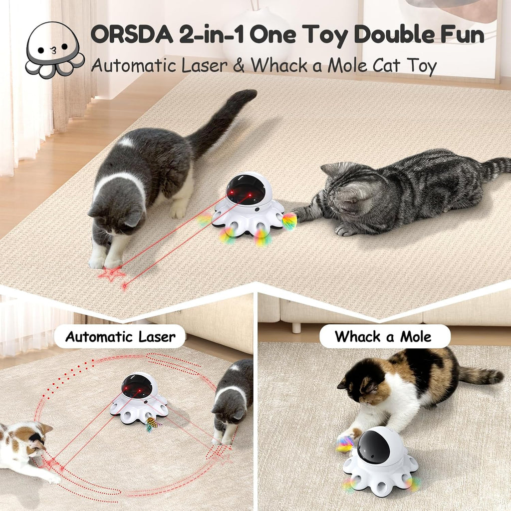 ORSDA Cat Laser Toy, 2-in-1 Interactive Automatic Motion Activated Moving 8 Holes Whack A Mole Feather, USB Rechargeable Electronic Smart Sensor Kitten Toys for Indoor Exercise