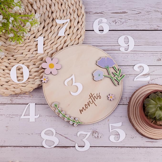 Baby Monthly Milestone Wooden Sign with Numbers and Stand – Natural Wood Milestone Board for Newborn Monthly Growth Photos – Cute 3D Flowers Photo Prop for Baby Milestone Memories (Flower)