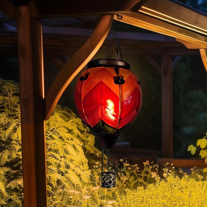 Glass Solar Hot Air Balloon Lantern with Flame Hanging Garden Flickering Light Outdoor Waterproof for Yard Patio Tree Mother's Day Gift, Wavy-Colorful