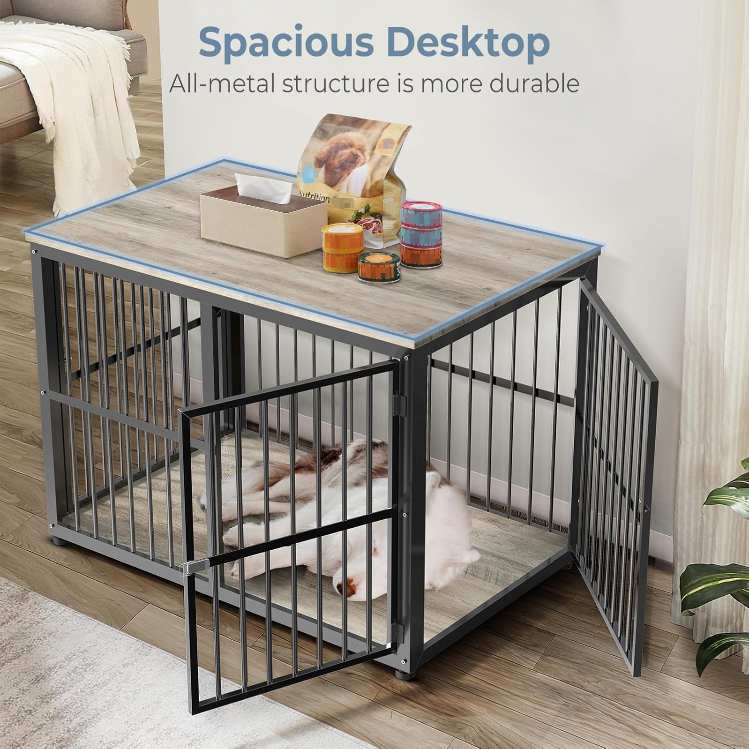 43'' Dog Crate Furniture with 3 Doors, XL Wooden Crate End Table, Heavy Duty Indoor Puppy Cage Kennel for Medium to Large Dogs, Multiple Units Can be Combined