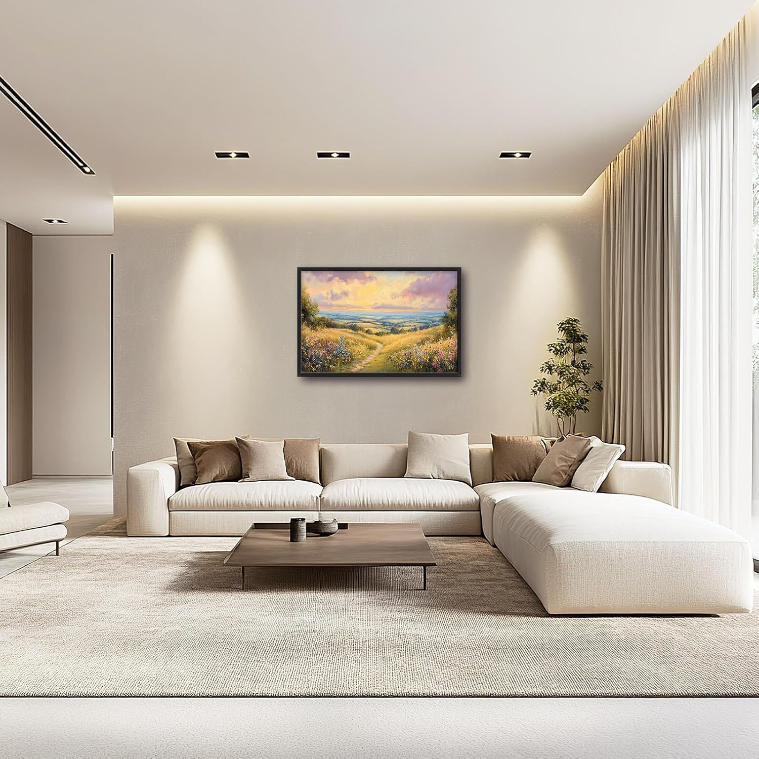 Framed Large Rustic Wall Art for Living Room, Oversized Farmhouse Countryside Nature Landscape Wall Decor Wildflower Field Canvas Painting Floral Pictures Modern Artwork for Bedroom Office 36"x24"