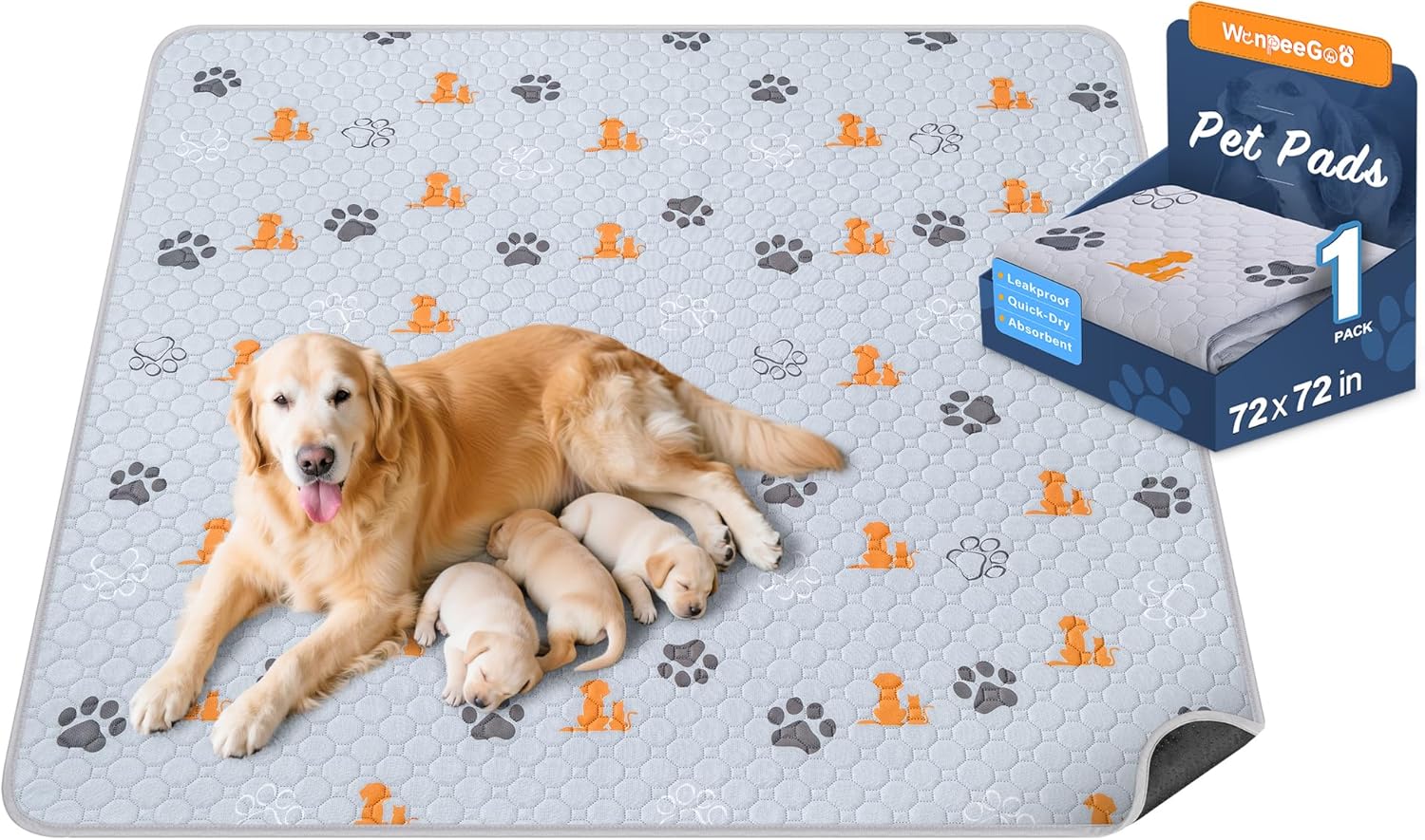 Washable Pee Pads for Dogs, 1 Pack Absorbent Reusable Training Dog Pads Pet Puppy Pads, Non-Slip Potty Pads for Whelping, Playpen, Crate, Bed, Orange, 72"x72"
