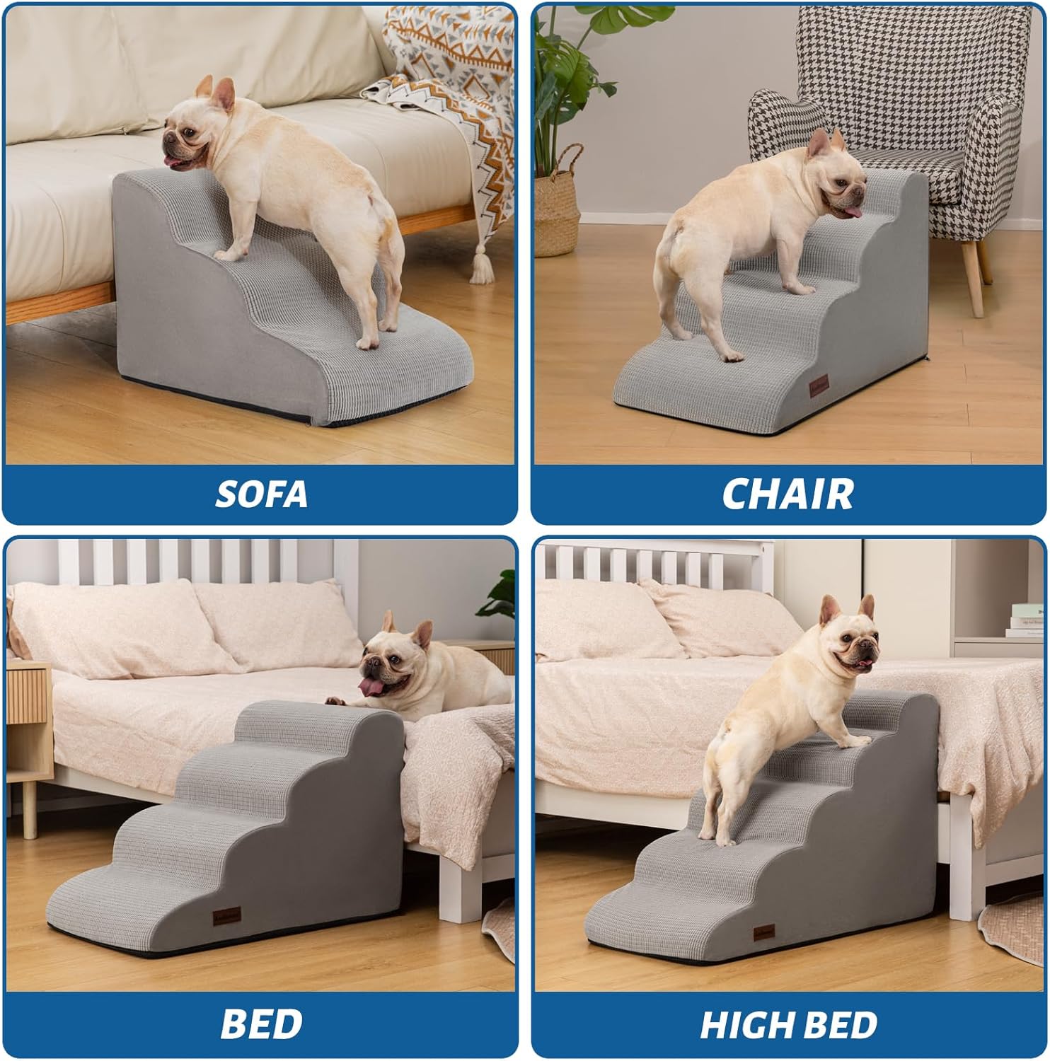 5-Step Dog Stairs and Ramp for High Bed, Non-Slip Sturdy Pet Steps for Small Dogs and Cats,22.2" H,Light Grey