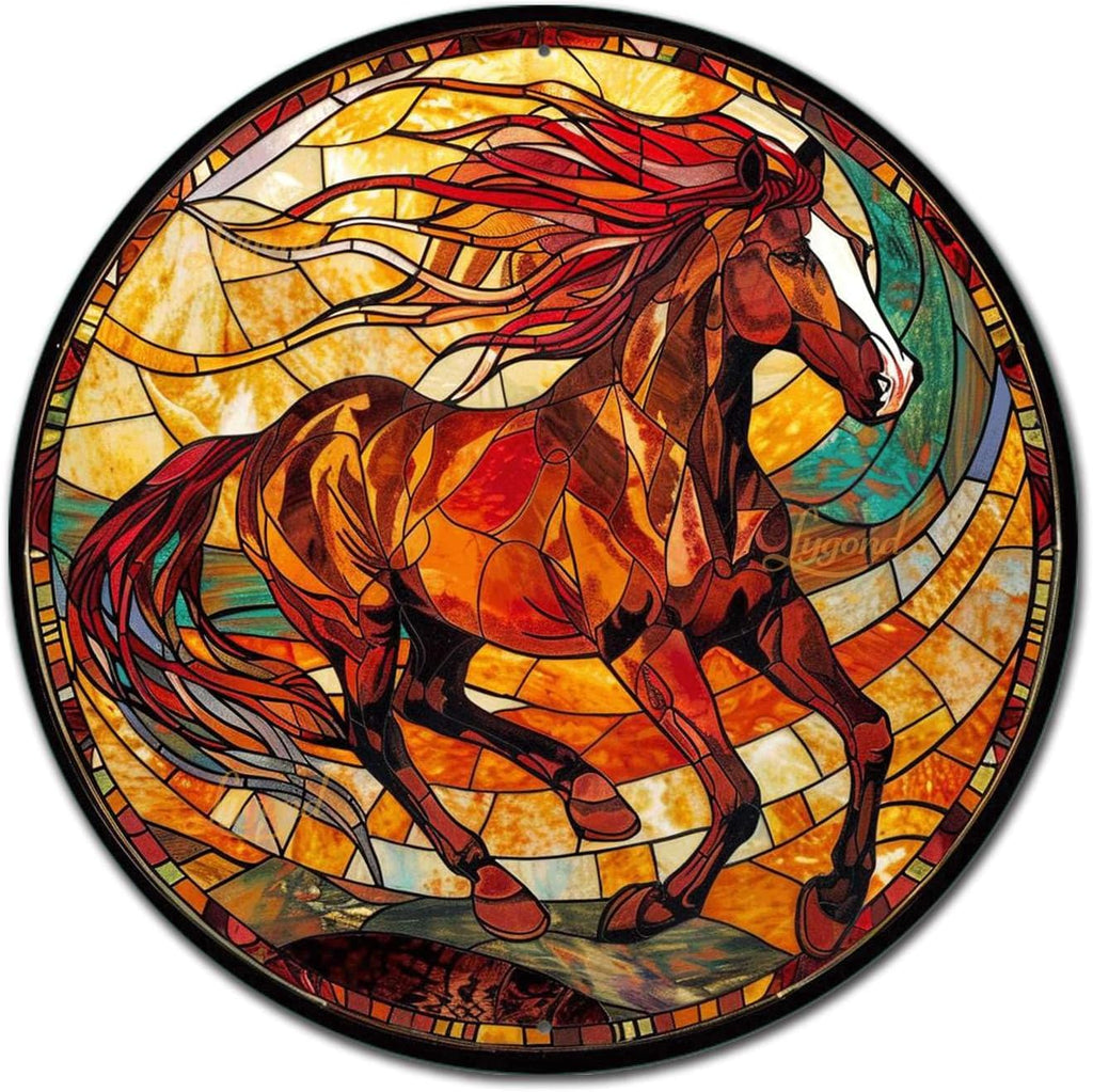 Lygond Metal Sign Tin Sign Circular Stained Glass American Mustang Bar Signs for Home Decor for Garden 12×12 Inches