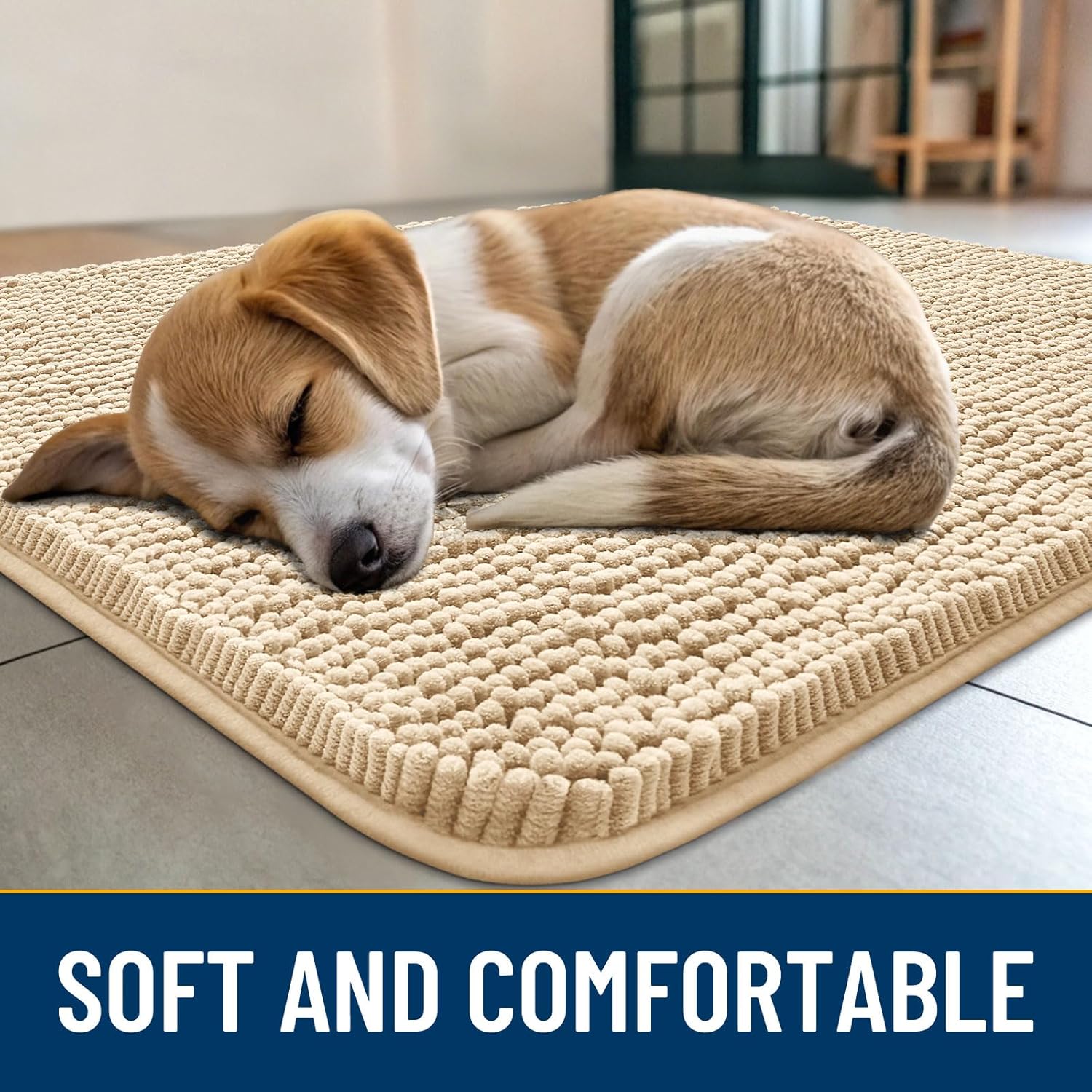 Smiry Dog Door Mat for Muddy Paws 47x17, Absorbs Moisture and Dirt Doormat, Non-Slip Washable Quick Dry Chenille Front Door Mat Indoor Entrance, Entryway Carpet for Inside Floor, Beige