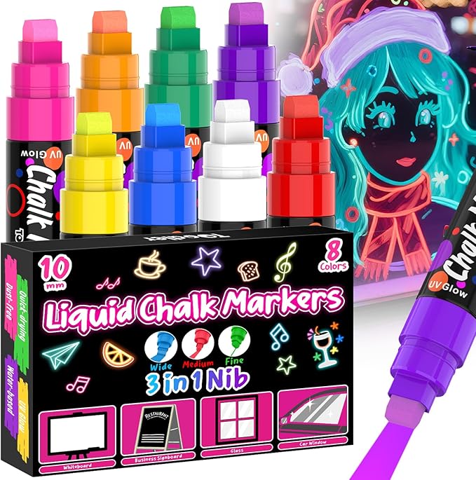 8 UV Neon Chalk Markers Glow in the Dark under Blacklight, Jumbo Liquid Chalk Markers Erasable 10mm 3 In 1 Nib, Car Window Marker For Glass Chalkboard Blackboard Bistro Signs Menu Board