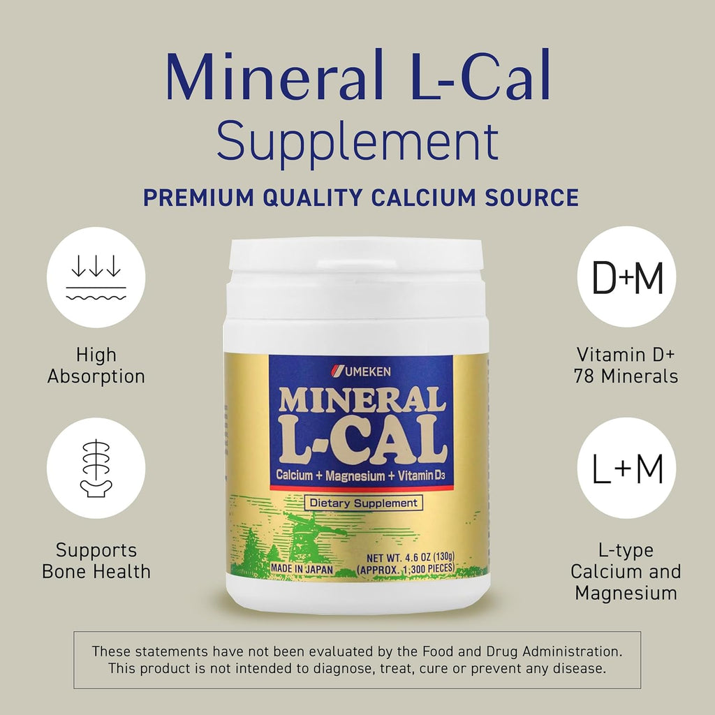 Umeken Mineral L-Cal Calcium with Vitamin D3, 2 Month Supply, Water Soluble Ball Format with Magnesium & Minerals, Fast Absorbing Calcium Magnesium D3 Supplement, 1,300 Balls, 130g, Pack of 1