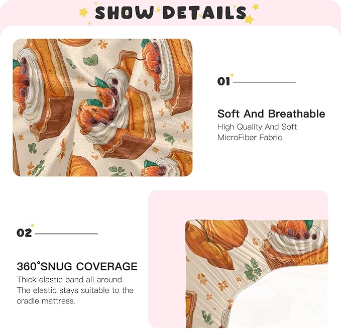 Thanksgiving Fall Pumpkins Pies Crib Sheets Soft Breathable Fitted Baby Crib Sheets Mattress Cover for Girls Boys, 52" x 28" x 9"