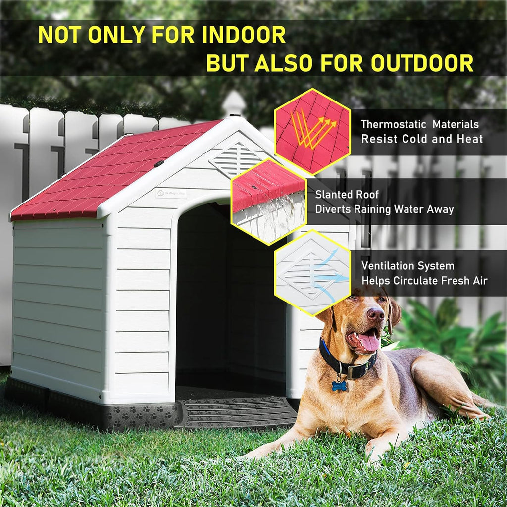 LEMBERI Durable Waterproof Plastic Dog House for Small to Large Sized Dogs, Indoor Outdoor Doghouse Puppy Shelter with Elevated Floor, Easy to Assemble (Red, 34''L*31''W*32''H)