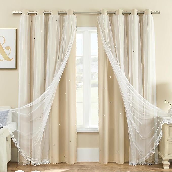 XiDi Biege Blackout Curtains 96 Inches Long for Bedroom Living Room 2 Panels Double Layer Curtains with Sheer Overlay Star Cut Out Wall Home Kid Girl Decor Thermal Grommet Window Drapes W52 X L96