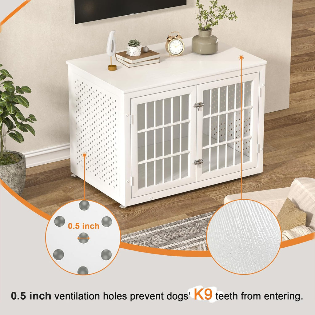 38" Heavy Duty Dog Crate Furniture for Large and Medium Dogs,Wooden Metal Kennel for High Anxiety Dogs, Chew Proof Pet Cage Indoor, Decorative Dog Kennel End Table, White