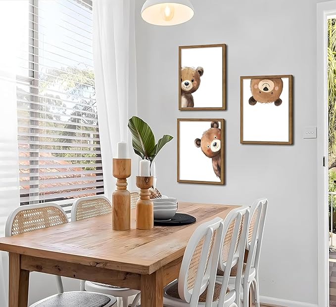 3Pcs Baby Teddy Bear Nursery Wall Art Peeking Bear Pictures Wall Decor Peekaboo Kids Room Decor Woodland Animal Posters Neutral Nursery Painting Canvas Print Artwork for Children's Baby Room Bedroom