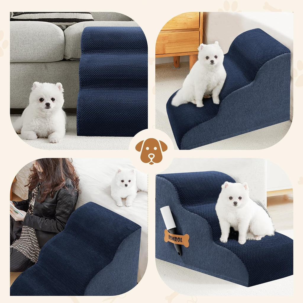 Romrol Dog Stairs Ramp for Beds Couches, Extra Wide Pet Steps with Durable Non-Slip Waterproof Fabric Cover, Dog Slope Stairs for Small Dogs and Cats or Pets Friendly, 3-Tiers, 13 Inch,Navy