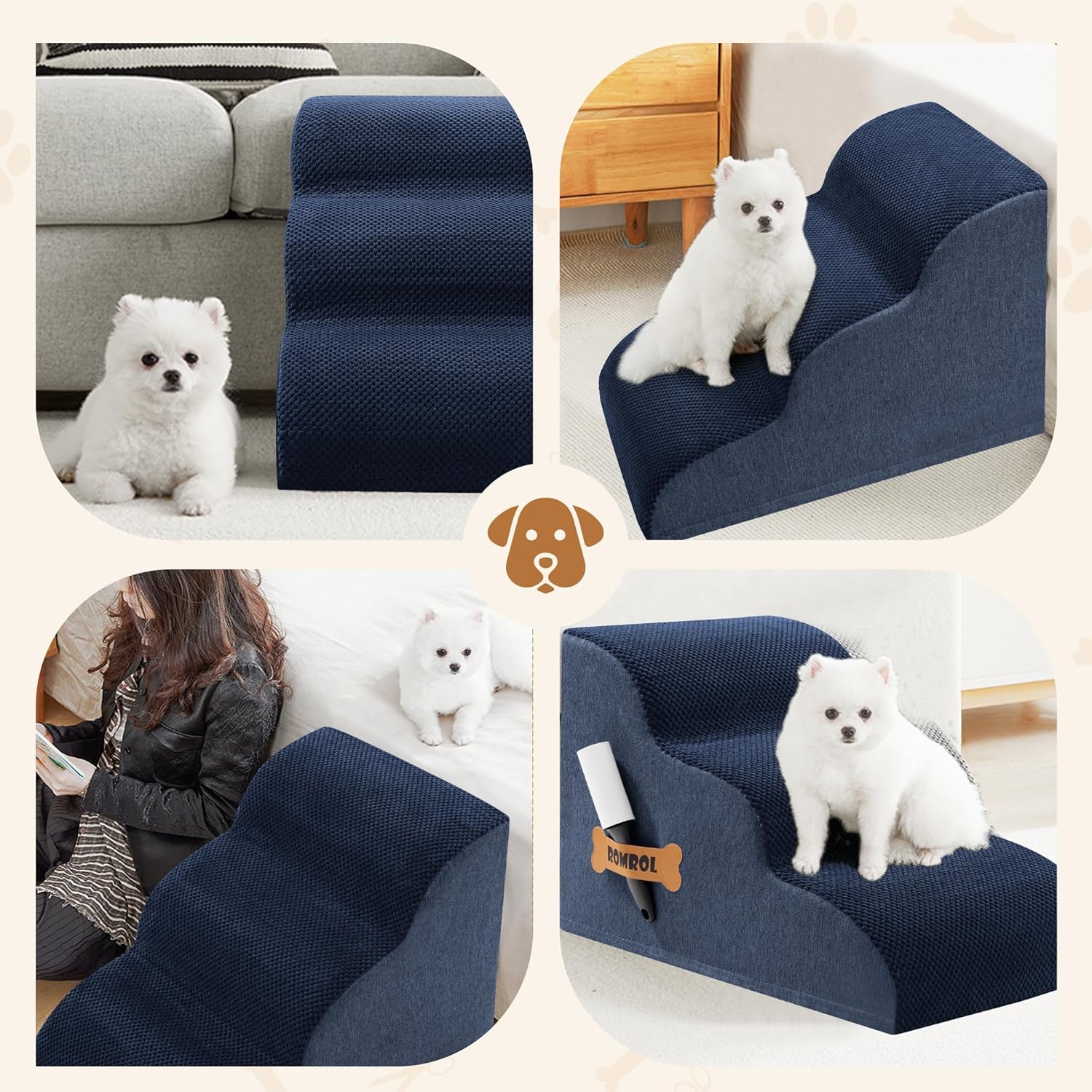 Romrol Dog Stairs Ramp for Beds Couches, Extra Wide Pet Steps with Durable Non-Slip Waterproof Fabric Cover, Dog Slope Stairs for Small Dogs and Cats or Pets Friendly, 3-Tiers, 13 Inch,Navy