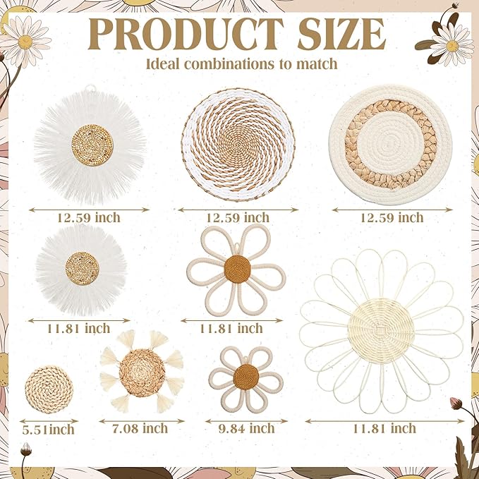 Chunful 9 Pcs Boho Nursery Wall Decor Daisy Flower Woven Macrame Seagrass Rattan Basket Wall Hanging Bohemian Decorations Gifts for Home Dorm Art Farmhouse Bedrooms Living Room(White)