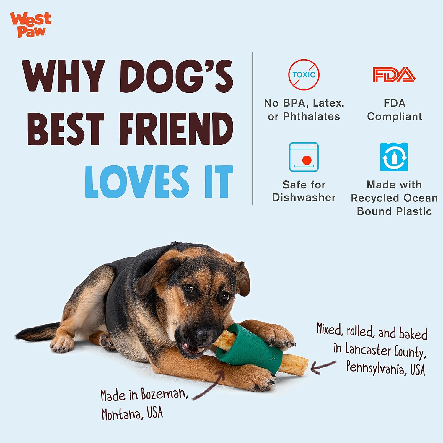 WEST PAW Funnl Dog Chew Toy - Interactive Treat Toys for Dogs - Toy Fillable with Earth Animal No-Hide Chews - Large 4.25" Marine | Made in USA