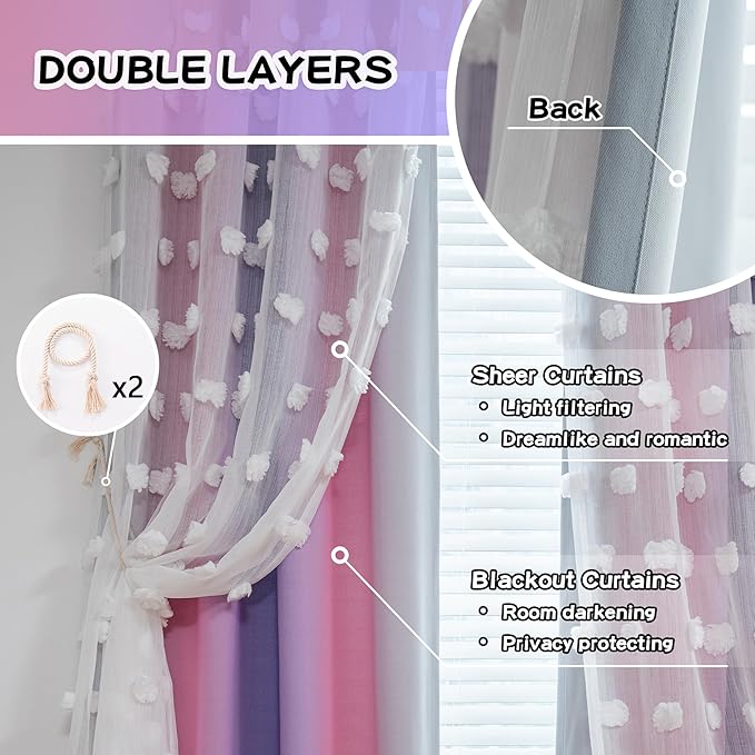 MYSKY HOME Nursery Curtains for Girls Room - Pink & Purple, 90 Inch Long, White Pom Pom, Sheer, Double Layer, Room Darkening, 52 x 90 in