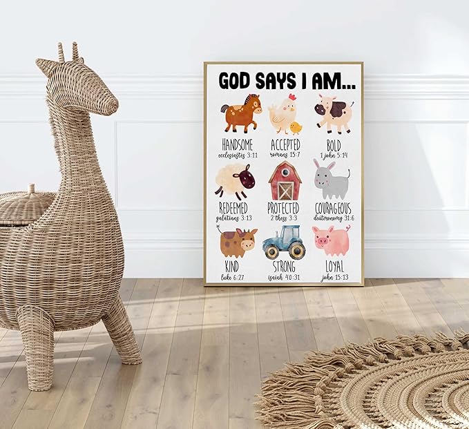 Framed Christian Nursery Canvas Wall Art God Says I Am Inspirational Bible Verses Farm Animals Painting Pictures Wall Decor Posters Prints Artwork For Kids Girls Bedroom Playroom Baby Room