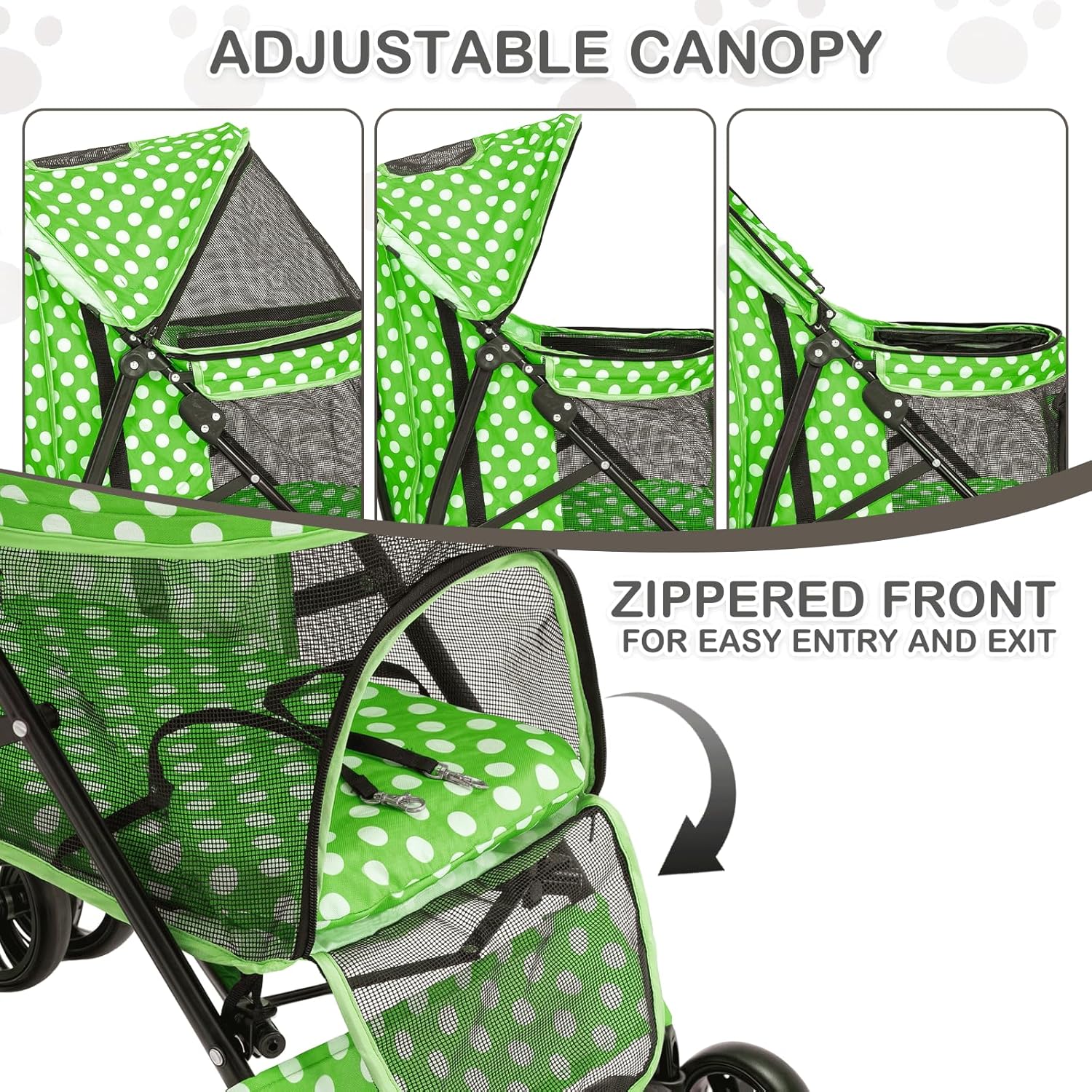 MoNiBloom 4 Wheels Pet Stroller, Easy-Fold Umbrella Shaped Dog Cat Jogger Stroller w/Storage Bag & Visible Mesh for Small/Medium Dogs Cats Lawn Green Polka Dots