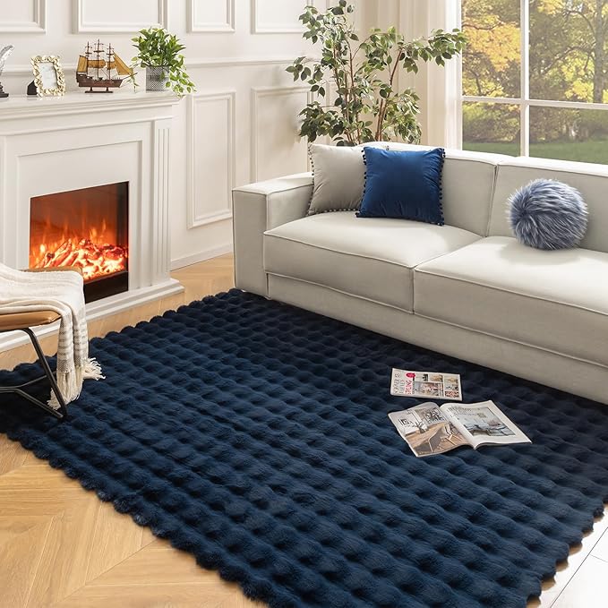 Ashler Faux Rabbit Fur Rectangular Carpet - Dark Blue 5x7 FT Fluffy Soft Area Rug, Machine Washable, 3D Bubble Pile