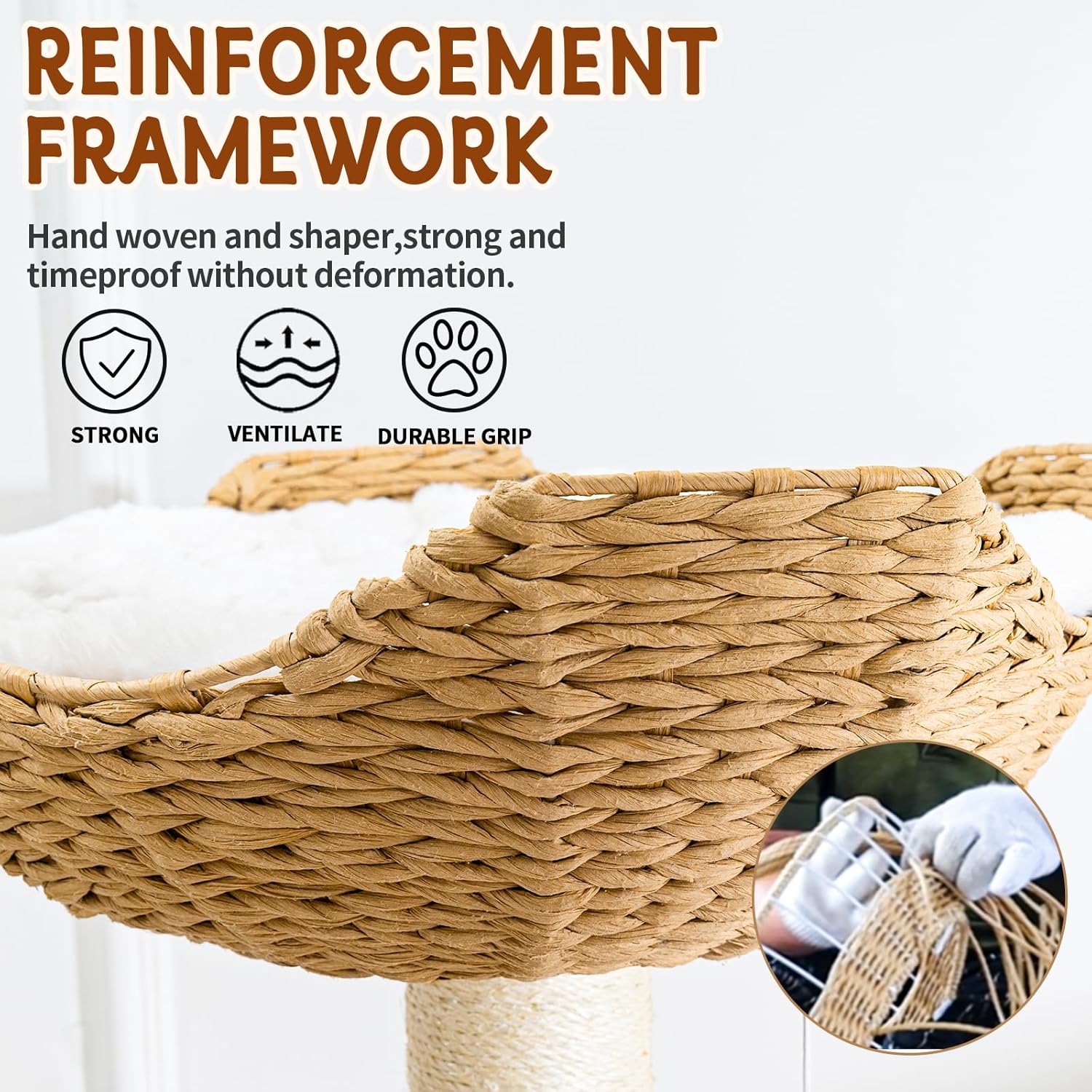 Big Modern Design Cat Tree Tower with White Cloud Mat, Unique Cat Supplies Tower with Scratching Post, Cute Wood Cat Tree Cat Furniture Activity Centre for Indoor Big Cats