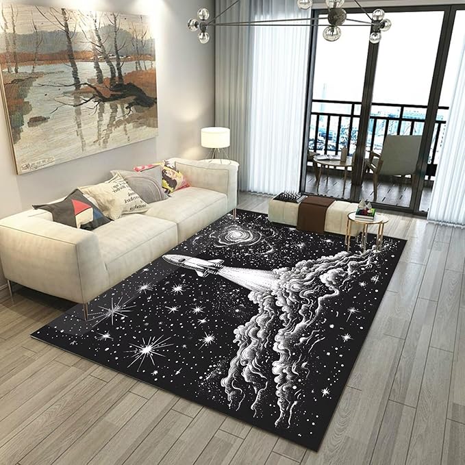 5' x 7' Space Rocket Rug for Kids Bedroom Black Stars Galaxy Rugs Carpet Planet Printed Throw Rugs for Boys Teens Living Room,150x210cm