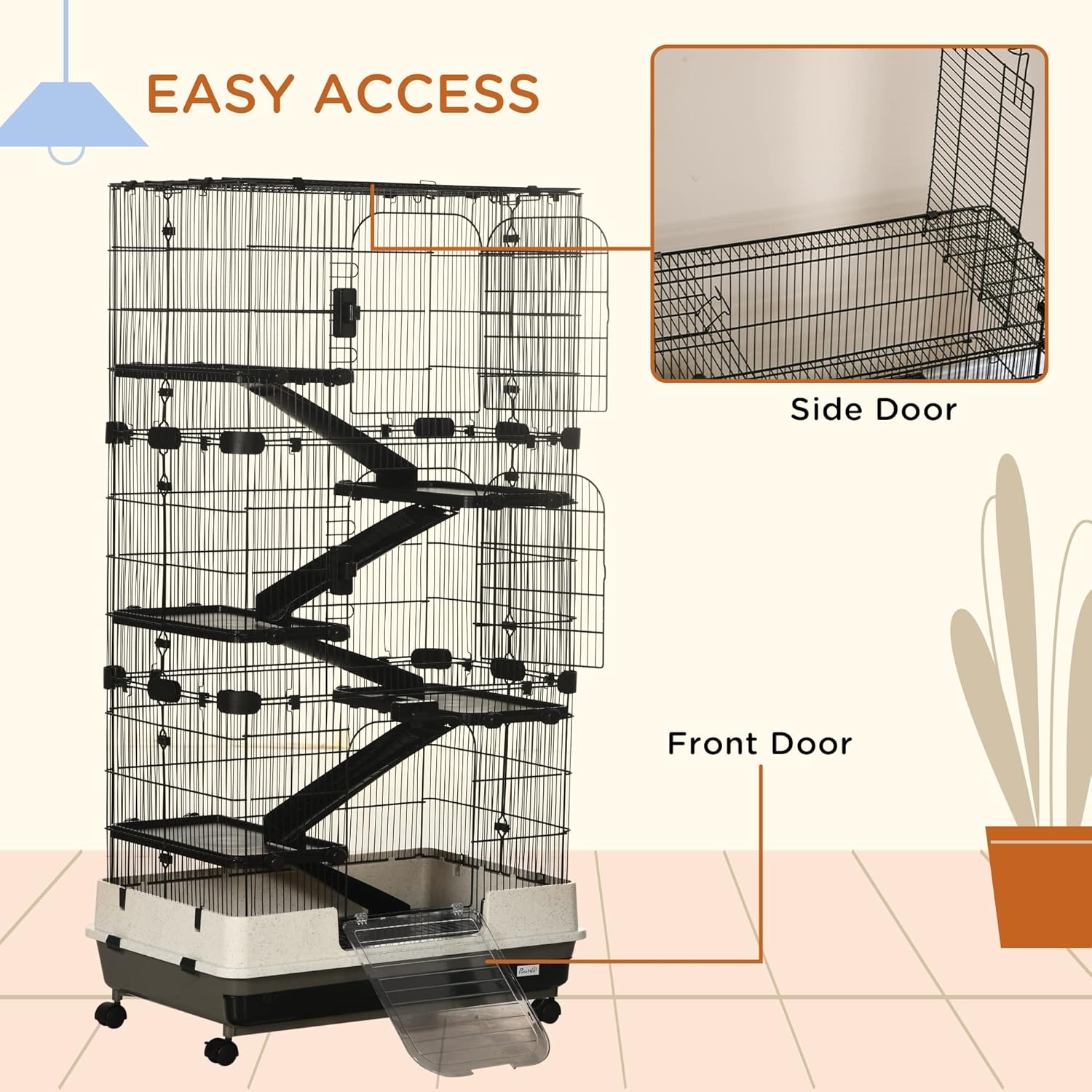 PawHut 59.5" Small Animal Cage with Wheels, 6-Level Portable Bunny Cage, Chinchilla Ferret Cage with Removable Tray, Platform and Ramp