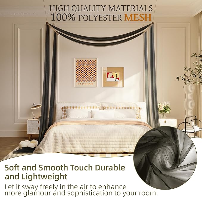 lazyzzz Black Canopy Bed Curtains for Full/Queen Metal/Wood Canopy Bed Frame, Princess Bed Canopy Scarf for Girls-2 Panel Sheer Curtain 39.4" W x 315" L