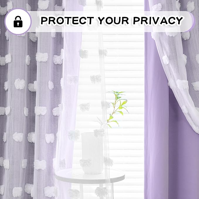 MYSKY HOME Lilac Curtains for Living Room 84 Inches Long Pom Pom White Sheer Curtains for Girls Room Nursery Curtains Double Layer for Toddler Bedroom Grommet Room Darkening Window Panels 52 x 84 in