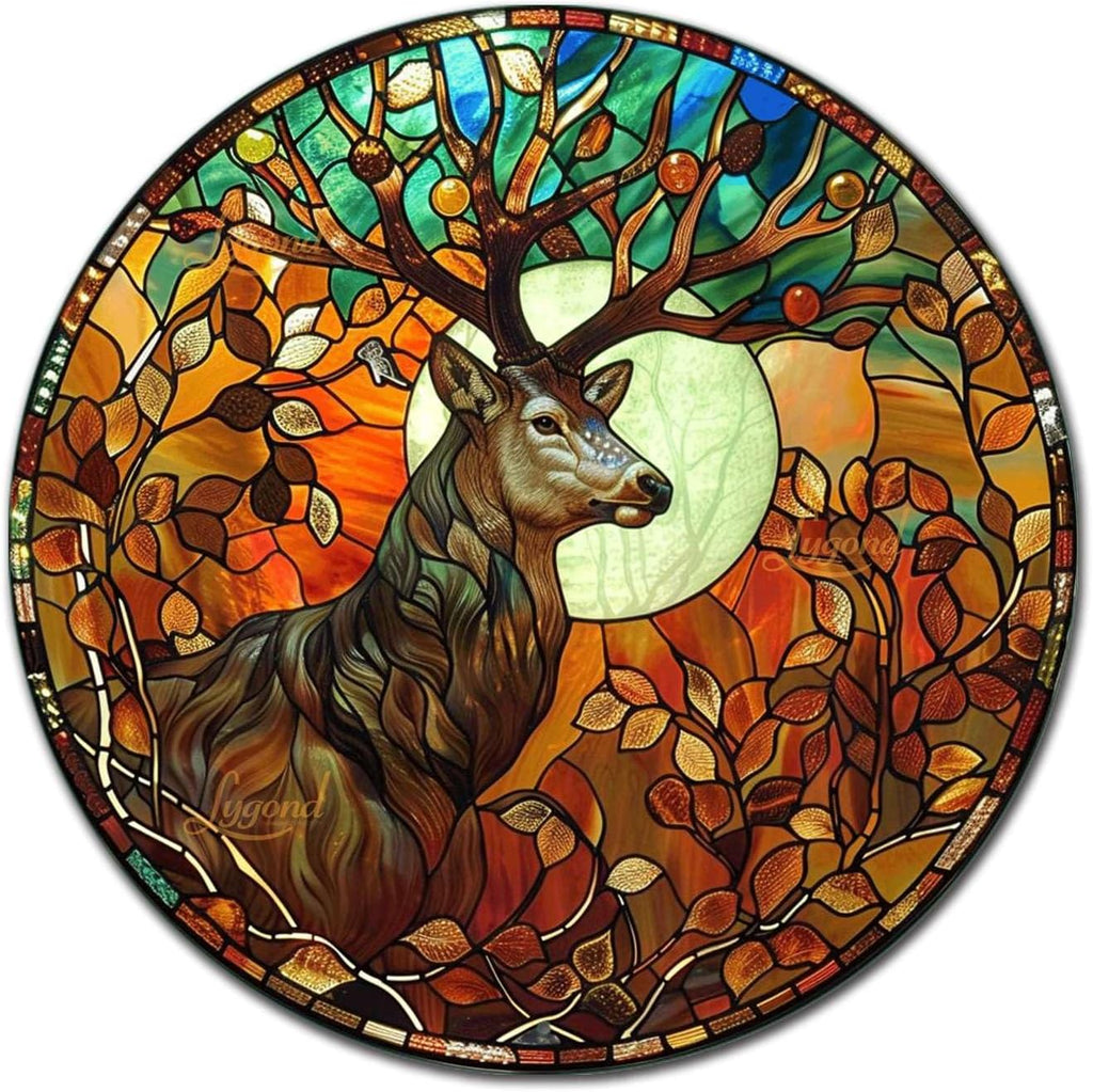 Lygond Metal Sign Tin Sign Circular Stained Glass Deer Gift For Gift 12×12 Inches
