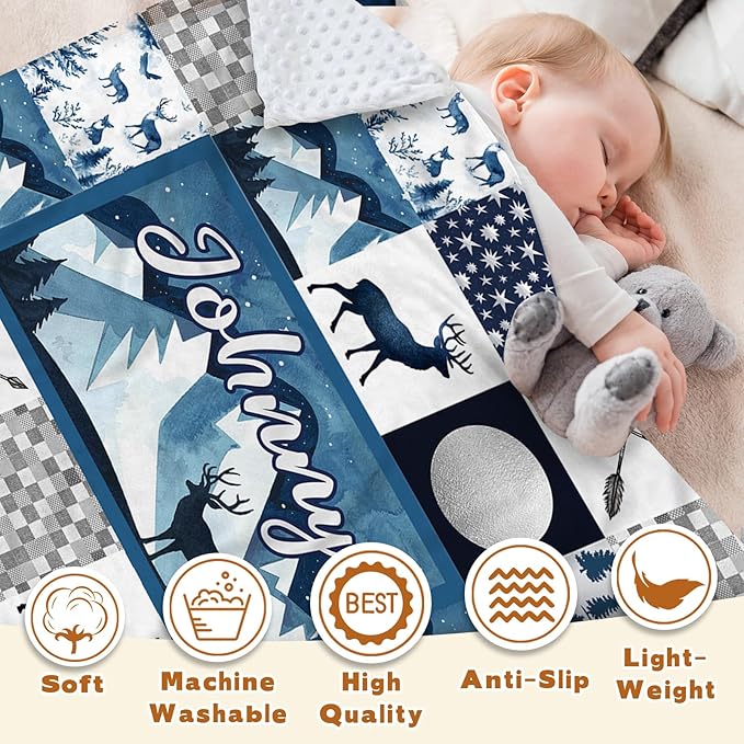 Personalized Baby Blankets for Girls Boys, Custom Blue Deer Baby Blanket with Name for Kids, Flannel Bed Throw Blanket for Newborn, Customized Gifts for Baby Shower Nursery Blanket(30”x40)