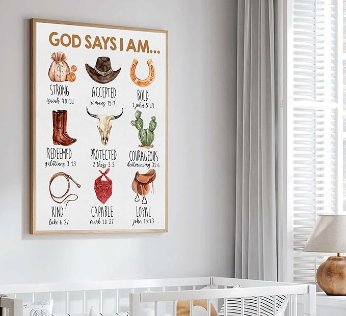Framed Christian Nursery Canvas Wall Art God Says I Am Inspirational Bible Verses Western Cowboy Painting Pictures Wall Decor Posters Prints Artwork for Kids Girls Bedroom Playroom Baby Room