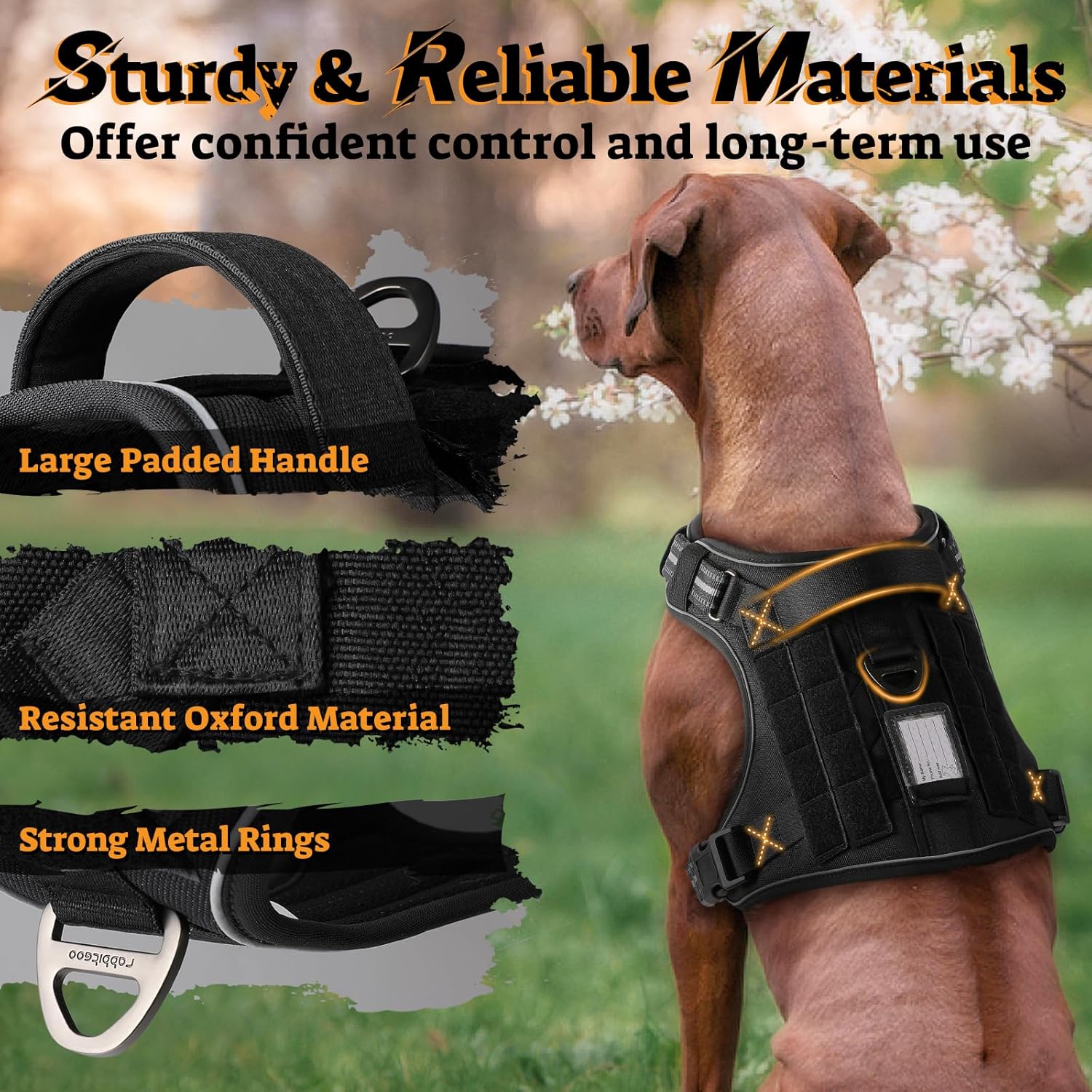 rabbitgoo Dog Harness for Large Dogs No Pull, Tactical Service Pet Vest with Molle and Control Handle, Adjustable and Reflective Military Harness for Easy Walking and Training, Black, XL