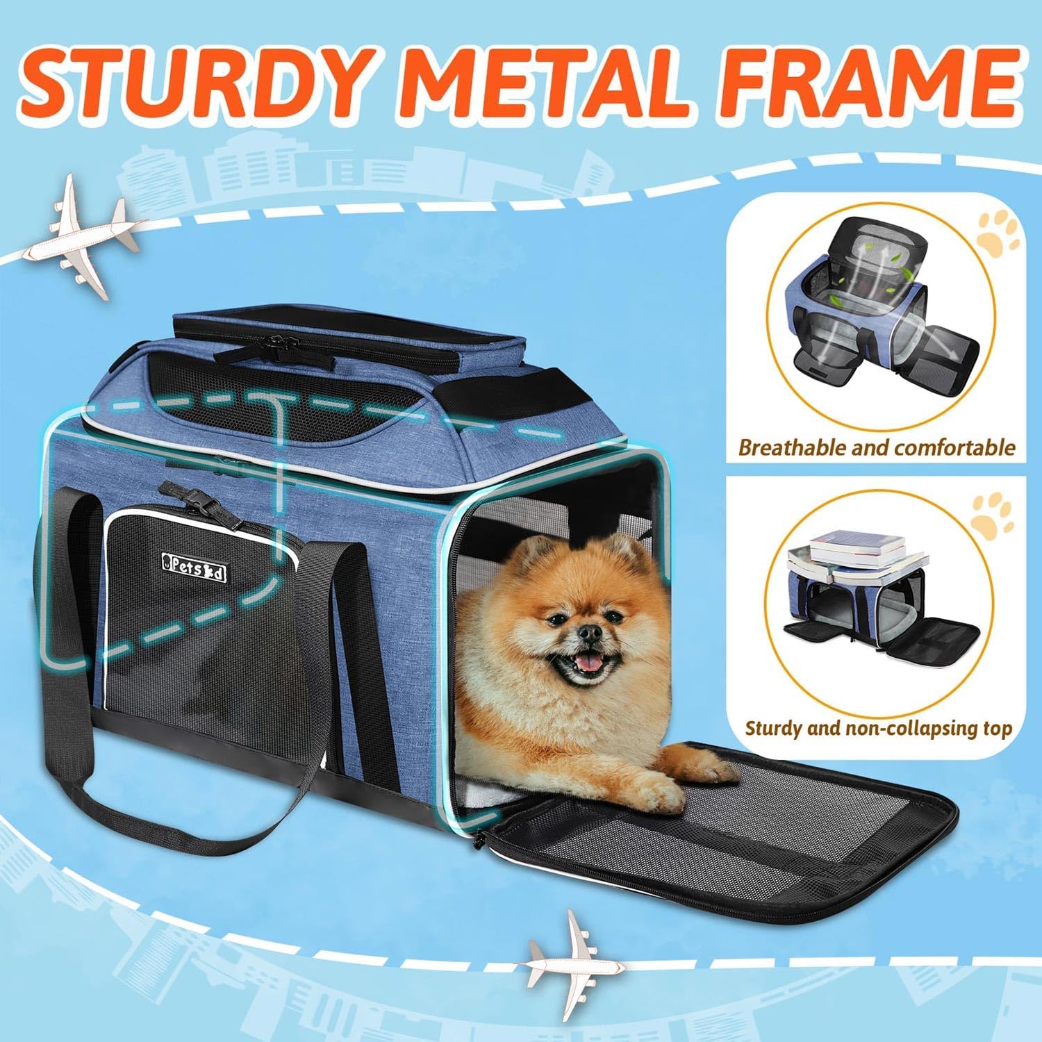 Petskd Top-Expandable Pet Carrier 17x11x9.5 Inches Alaska Airline Approved, Soft-Sided Carrier for Small Cats and Dogs with Locking Safety Zippers and Anti-Scratch Mesh(Blue)