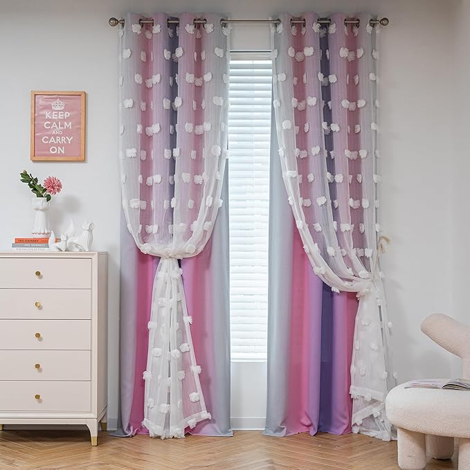 MYSKY HOME Pink Curtains 95 Inch Purple Curtains for Toddler Bedroom White Sheer Pom Pom Double Layer Blackout Curtains for Kids Grommet Room Darkening Curtains for Sliding Door 2 Panels 52 x 95 in